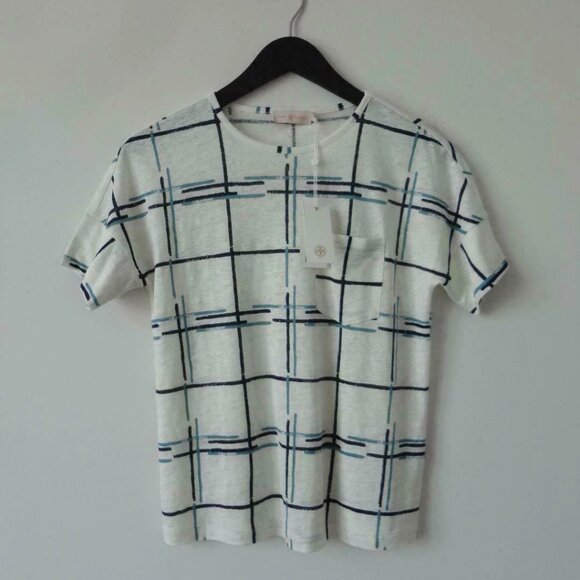 NWT TORY BURCH White Multi Linen Grid Print Pocket Tee Top Top XS - Picture 6 of 7